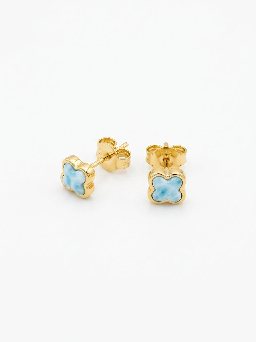 Larimar Clover Stud Earrings – 14K Gold Plated 925 Sterling Silver