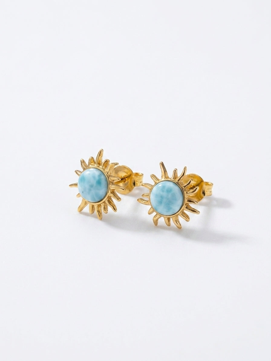 Larimar Sunburst Stud Earrings – 14K Gold Plated 925 Sterling Silver